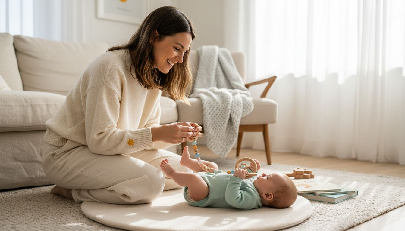 Eine Mutter befestigt eine individuell gestaltete Schnullerkette am Strampler ihres Babys.