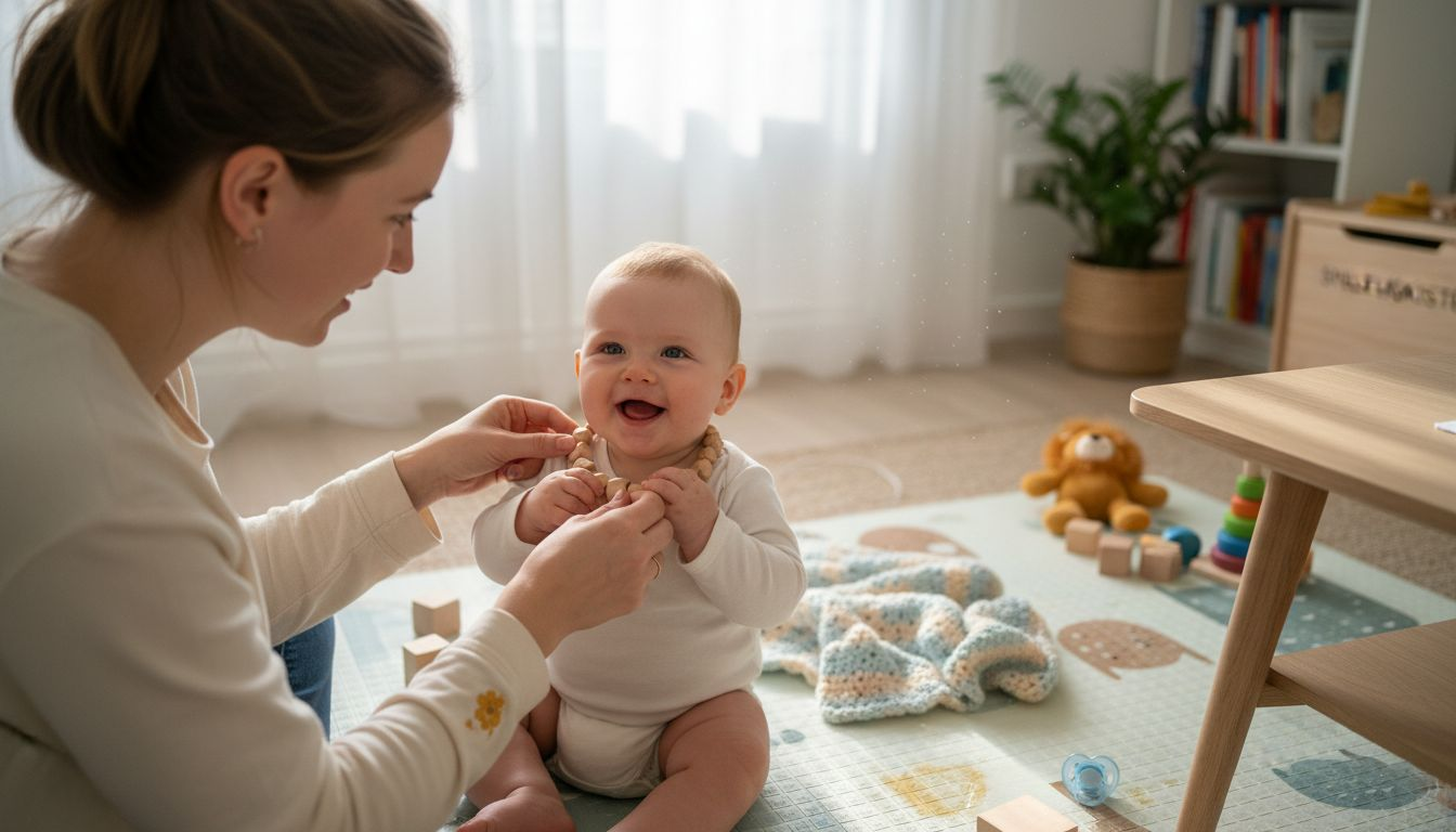 Eine Mutter richtet liebevoll den sicheren Schmuck an ihrem fröhlich lachenden Baby.