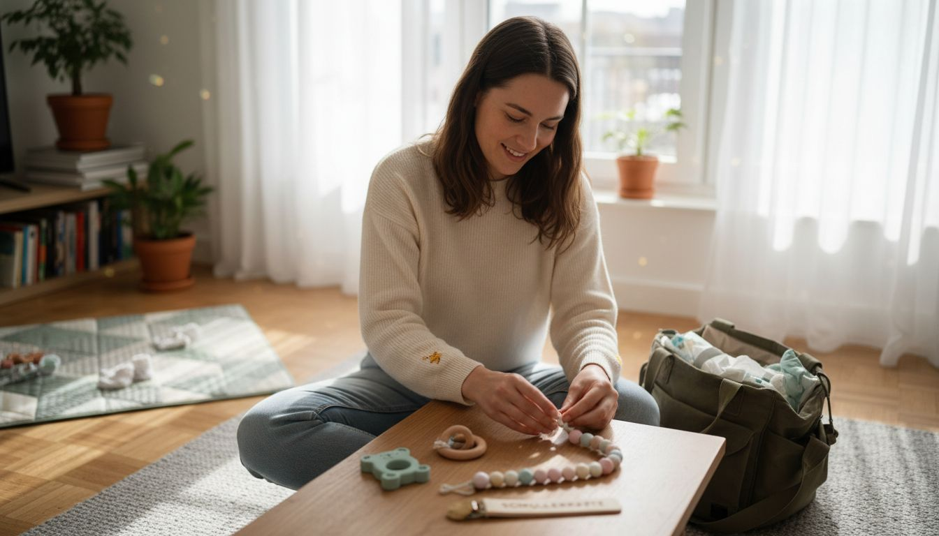 Eine Mutter packt im Wohnzimmer ein Geschenkset für ihr Baby aus.