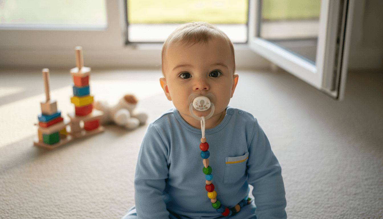 Das Baby beschäftigt sich neugierig mit seinem Schnuller, der an einer Schnullerkette befestigt ist.