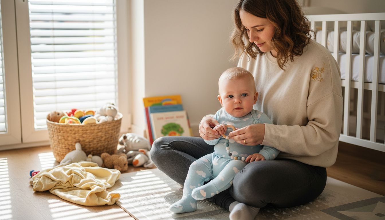 Eine Mutter sorgt im Kinderzimmer dafür, dass der Schmuck für ihr Baby sicher aufbewahrt wird.