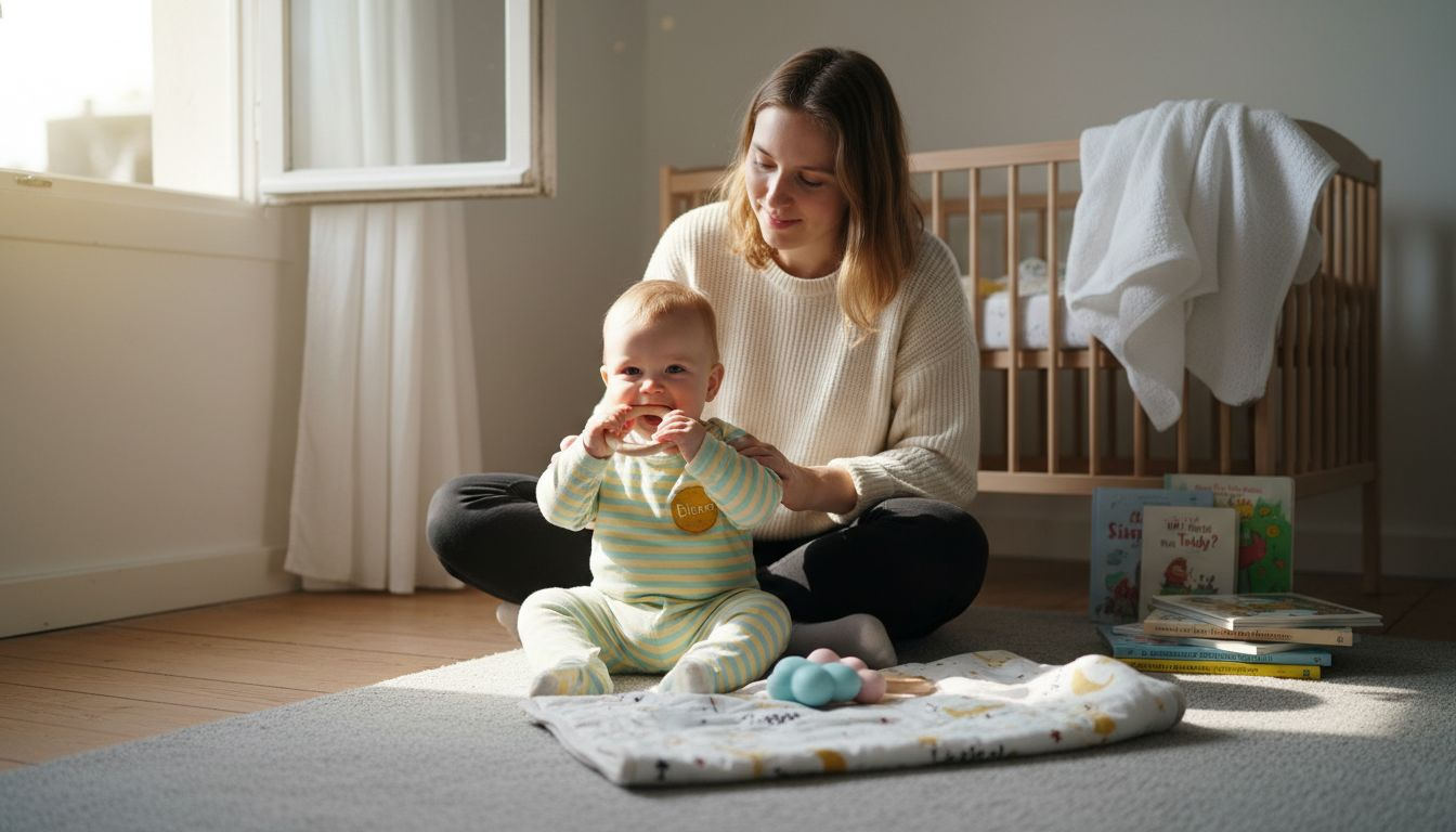 Mutter spielt mit ihrem Baby im Kinderzimmer und achtet dabei auf sicheres Spielzeug.