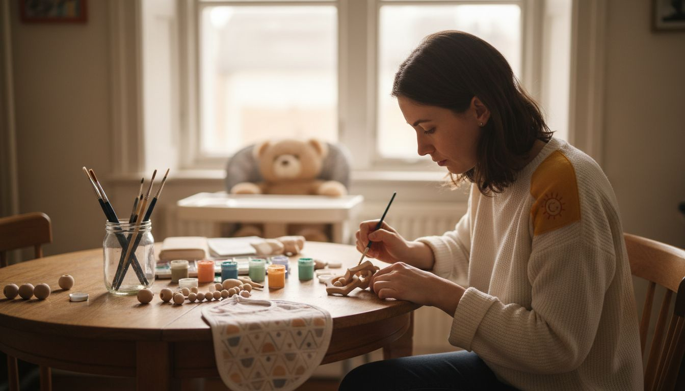 Am Küchentisch gestaltet eine Mutter mit viel Liebe ein ganz persönliches Geschenk für ihr Baby.