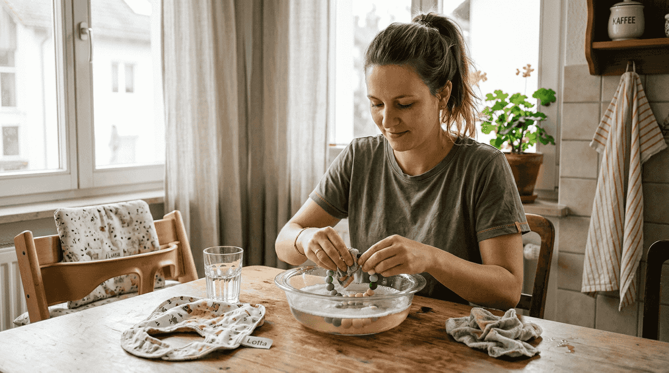 Eine Mutter reinigt Beiß- und Spielschmuck aus Silikon für ihr Baby.