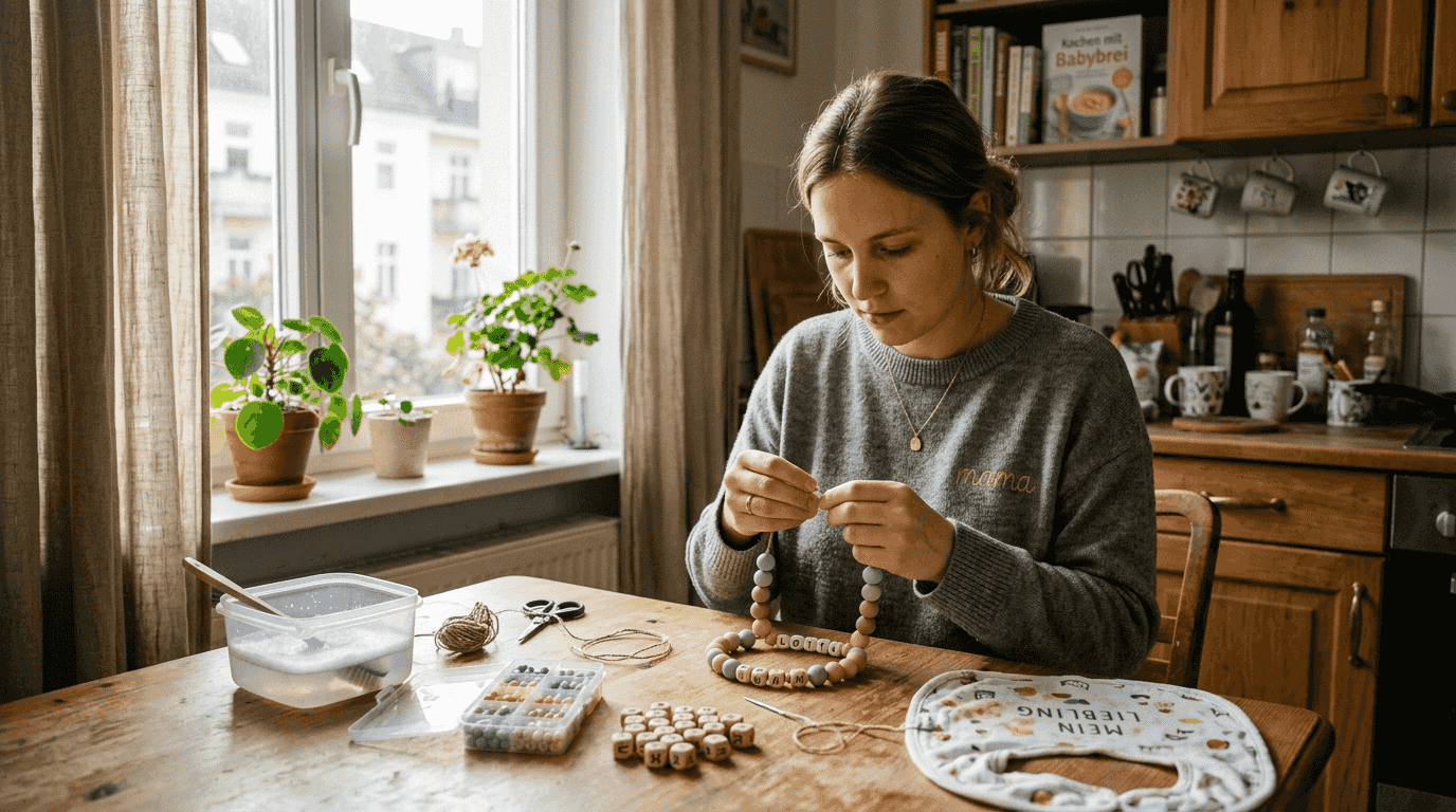 Eine Mutter sitzt am Tisch und fertigt eine individuelle Babykette an.