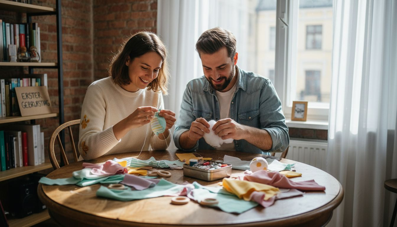 Gemeinsam basteln die Eltern ein persönliches Geburtstagsgeschenk für ihr Baby.