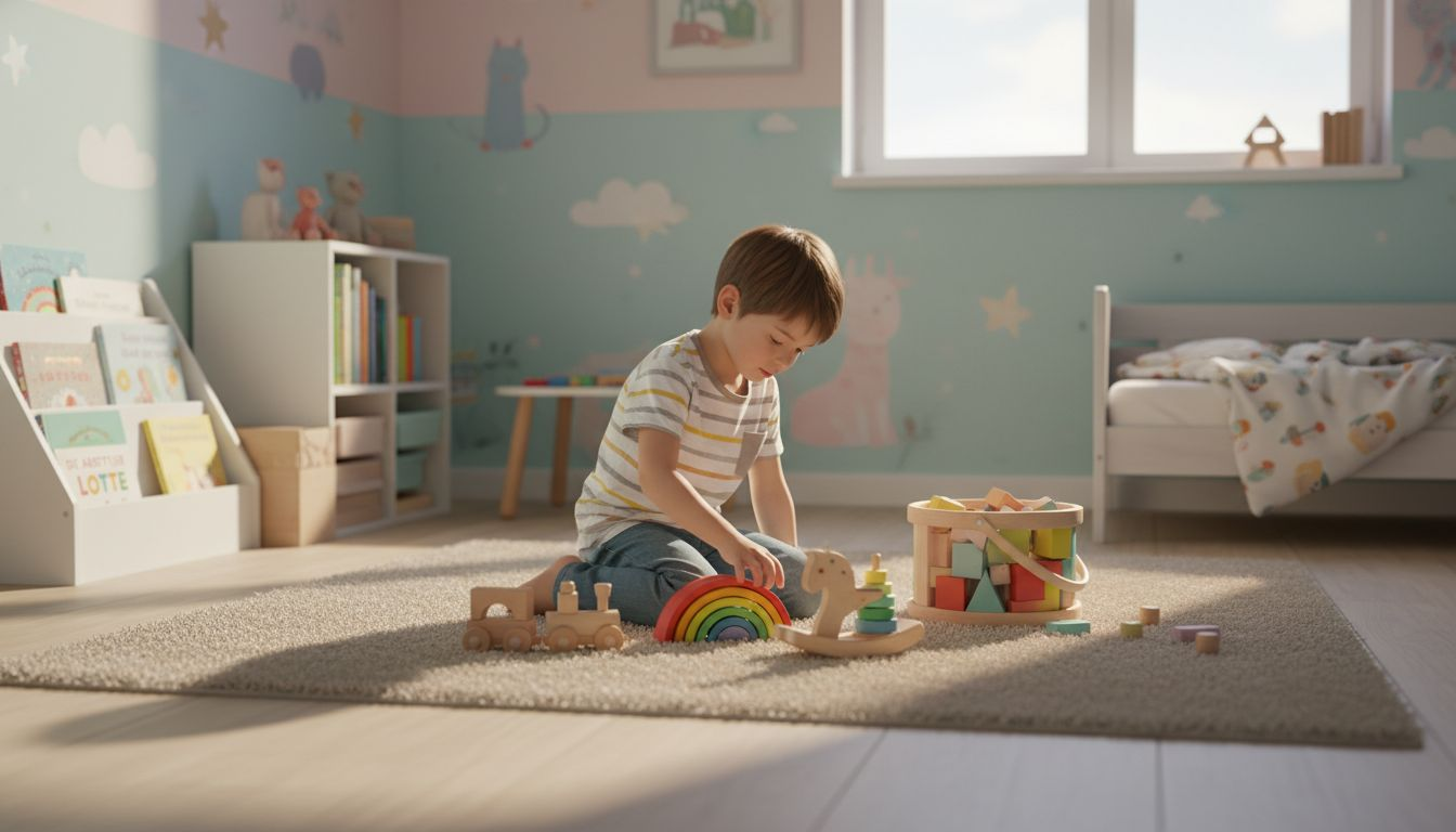 Ein Kind genießt ausgelassenes Spielen in einem liebevoll eingerichteten Kinderzimmer.