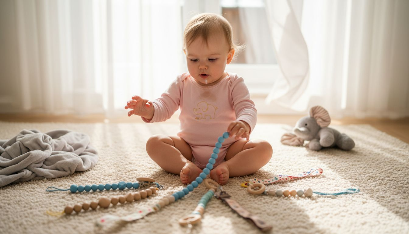 Ein Baby sitzt auf einer weichen Decke und spielt mit verschiedenen Schnullerketten.