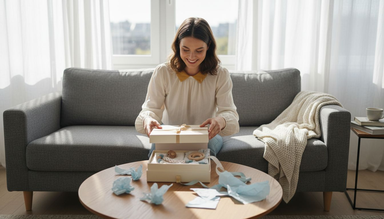 Eine Mutter packt ein stilvolles Geschenkset für ihr Neugeborenes aus