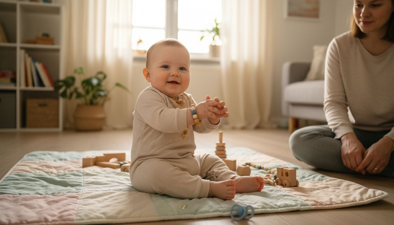 Baby spielt sicher mit kindgerechtem Schmuck auf der Krabbeldecke