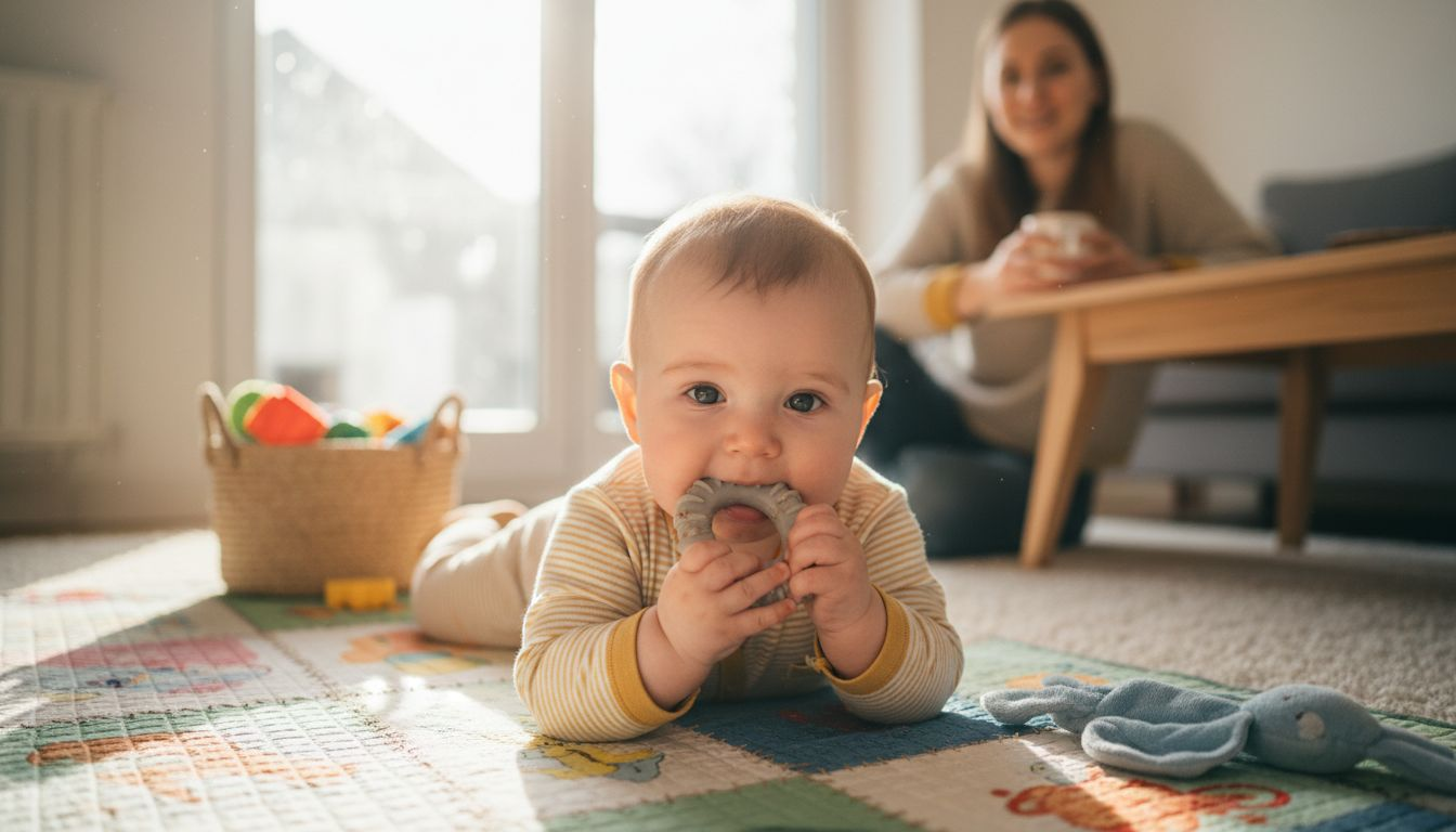 Ein Baby liegt auf der Krabbeldecke und kaut zufrieden auf seinem Beißring.
