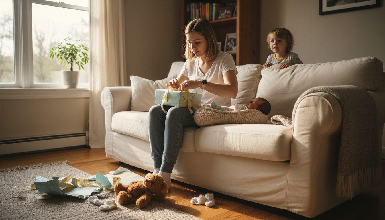 Im Wohnzimmer packt die Familie gemeinsam das Geschenk für das Baby aus.
