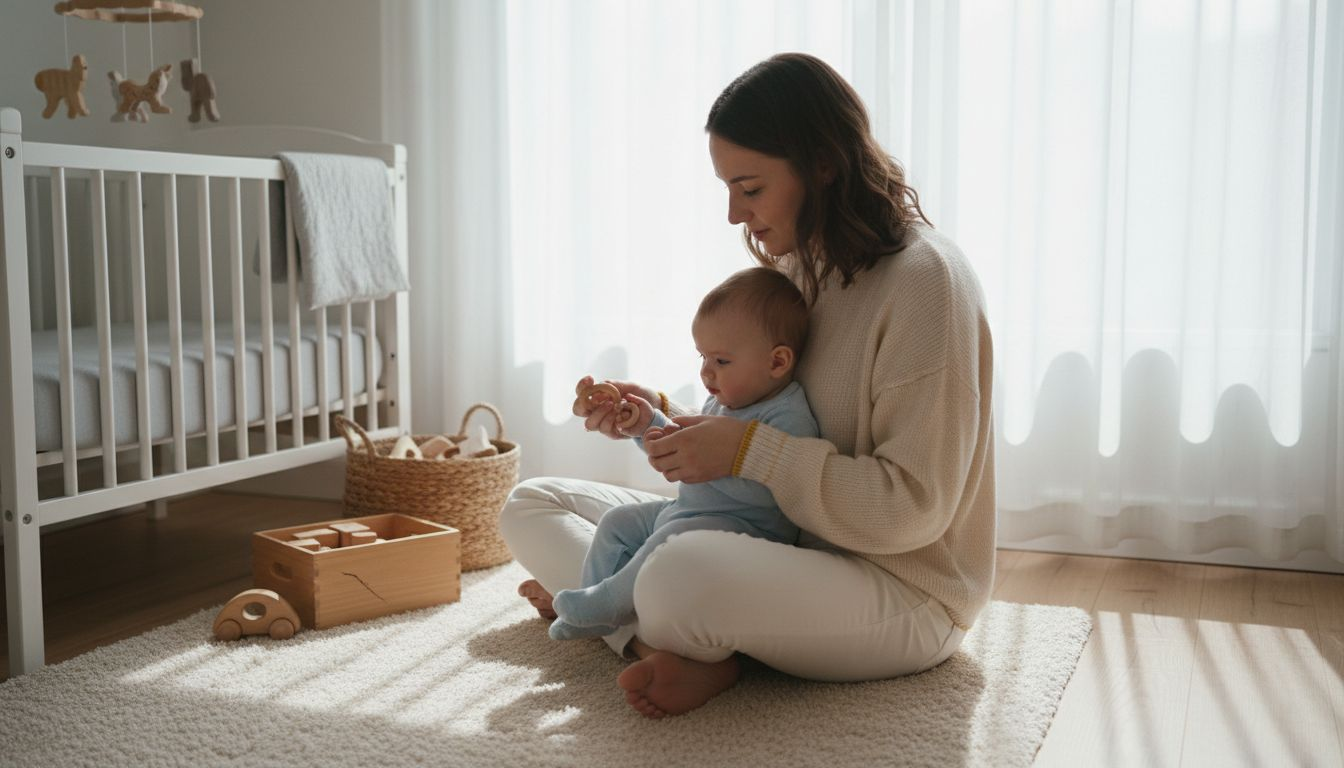 Eine Mutter spielt gemeinsam mit ihrem Baby und einem Holzspielzeug.