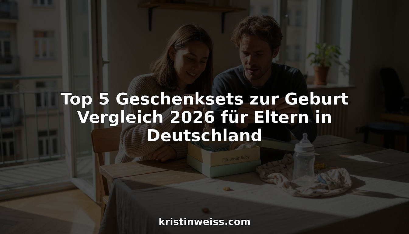 Junge Eltern packen am Tisch ein Geschenkset für ihr Baby aus.