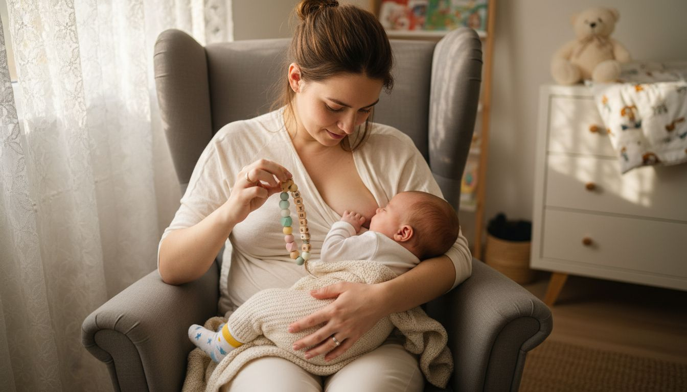 Eine Mutter hält liebevoll ihr Baby im Arm, während es eine individuell gestaltete Babykette trägt.