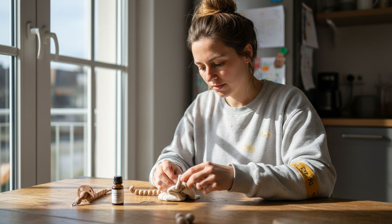 Eine Mutter reinigt zu Hause liebevoll den Holzschmuck ihres Babys.