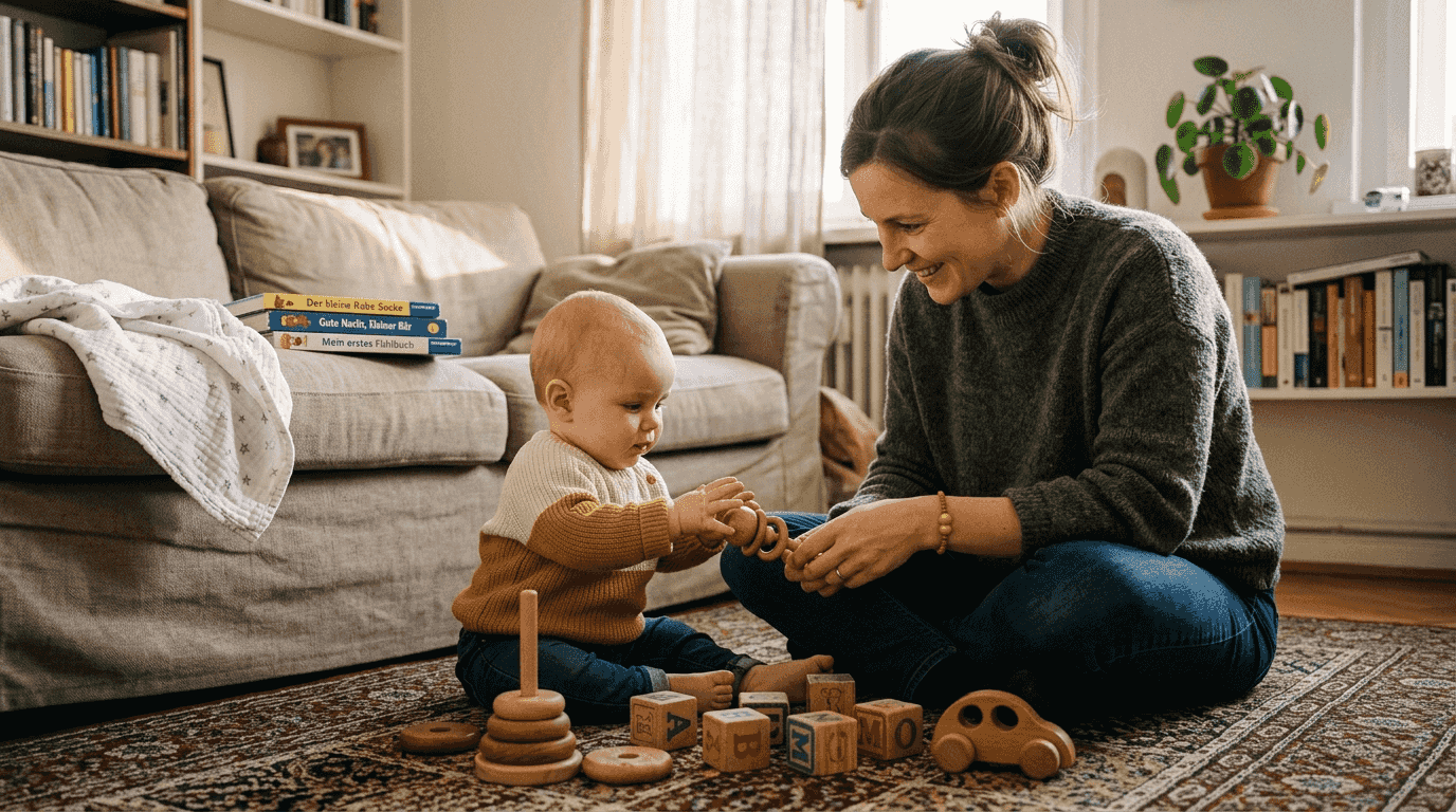 Eine Mutter sucht gemeinsam mit ihrem Baby liebevoll Holzspielzeug aus.