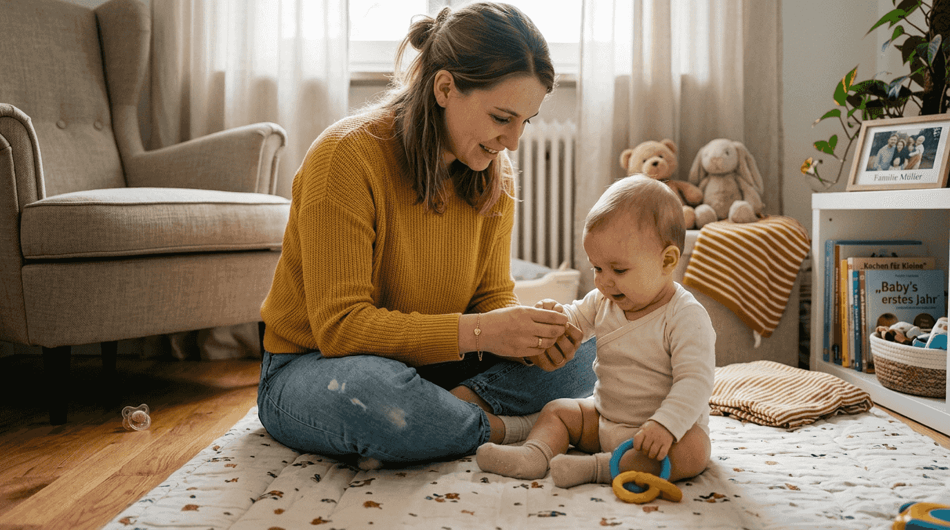 Eine Mutter legt ihrem Baby behutsam ein sicheres Goldarmband an.