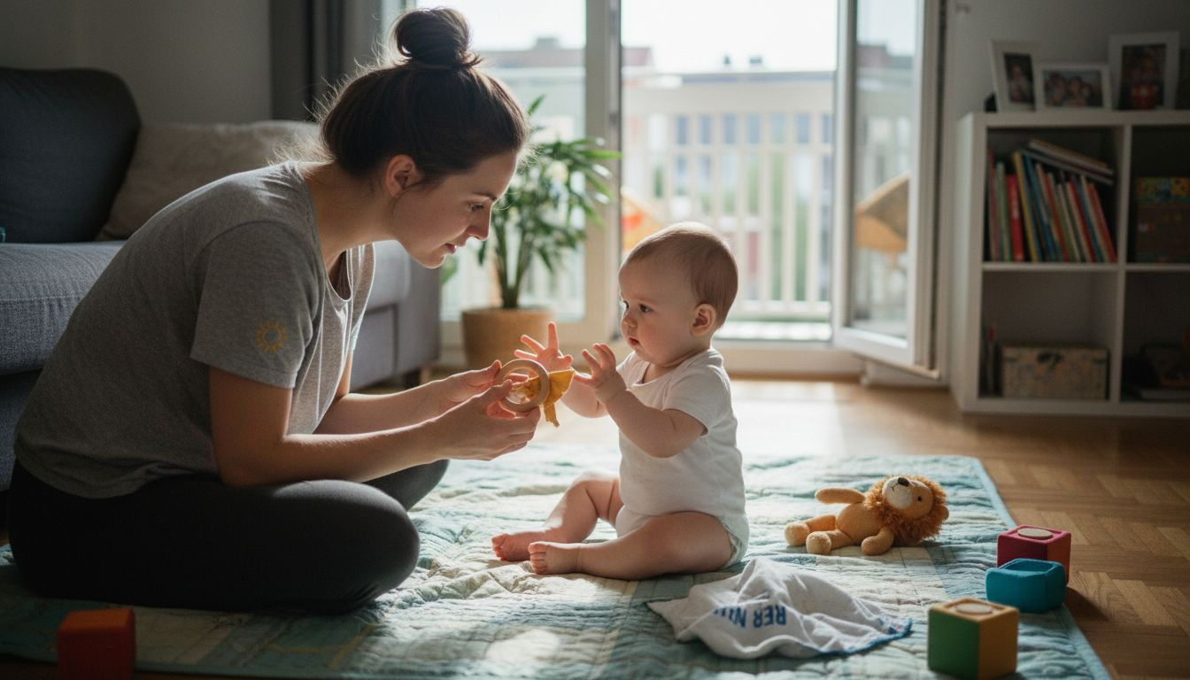 Eine Mutter reicht ihrem Baby einen sicheren Beißring aus Holz.