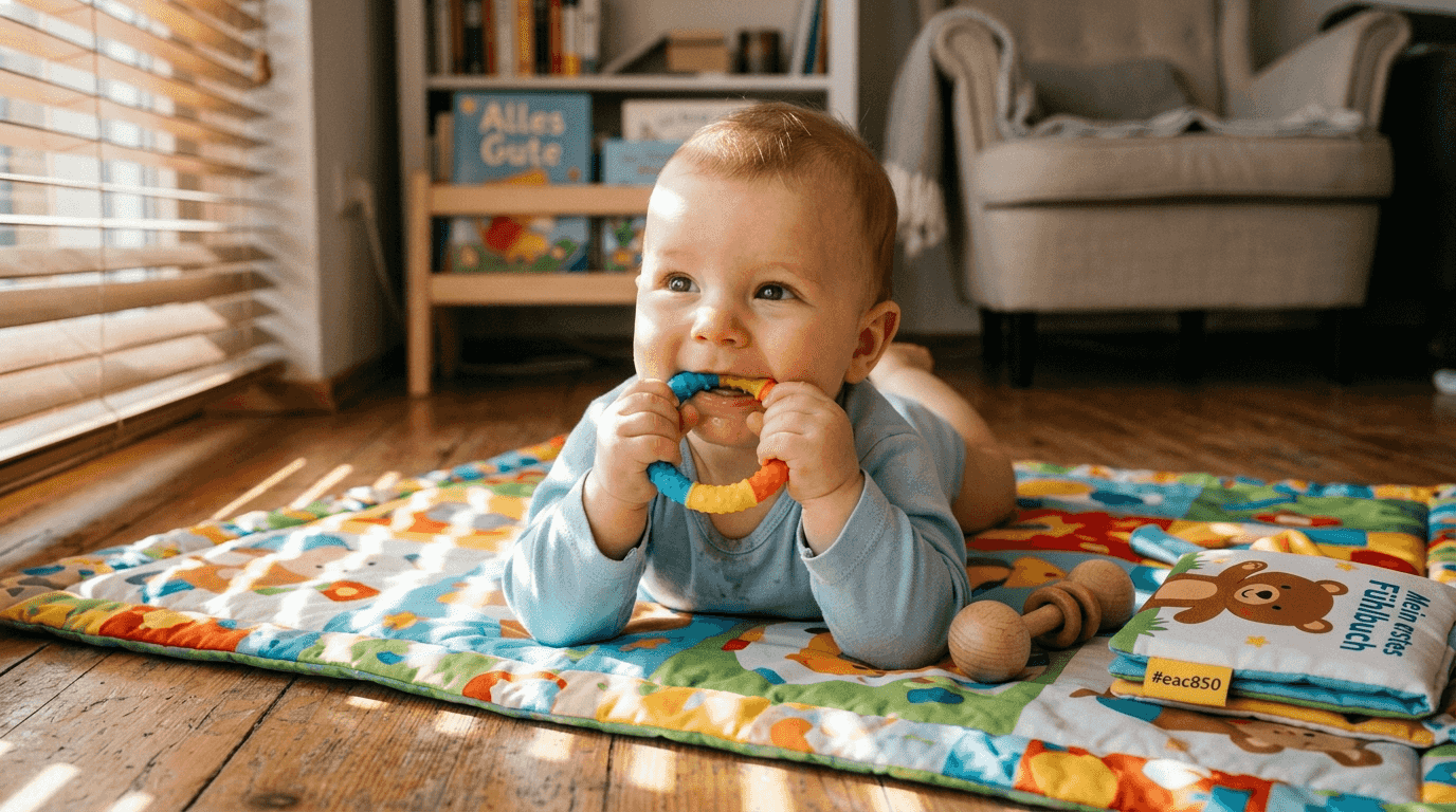 Das Baby liegt entspannt und kaut auf seinem Silikon-Beißring.