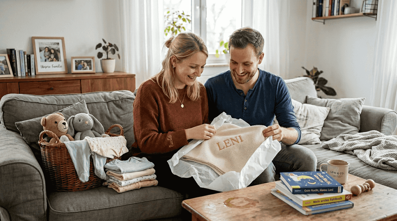 Eltern packen eine individuell gestaltete Babydecke aus und freuen sich über das persönliche Geschenk.