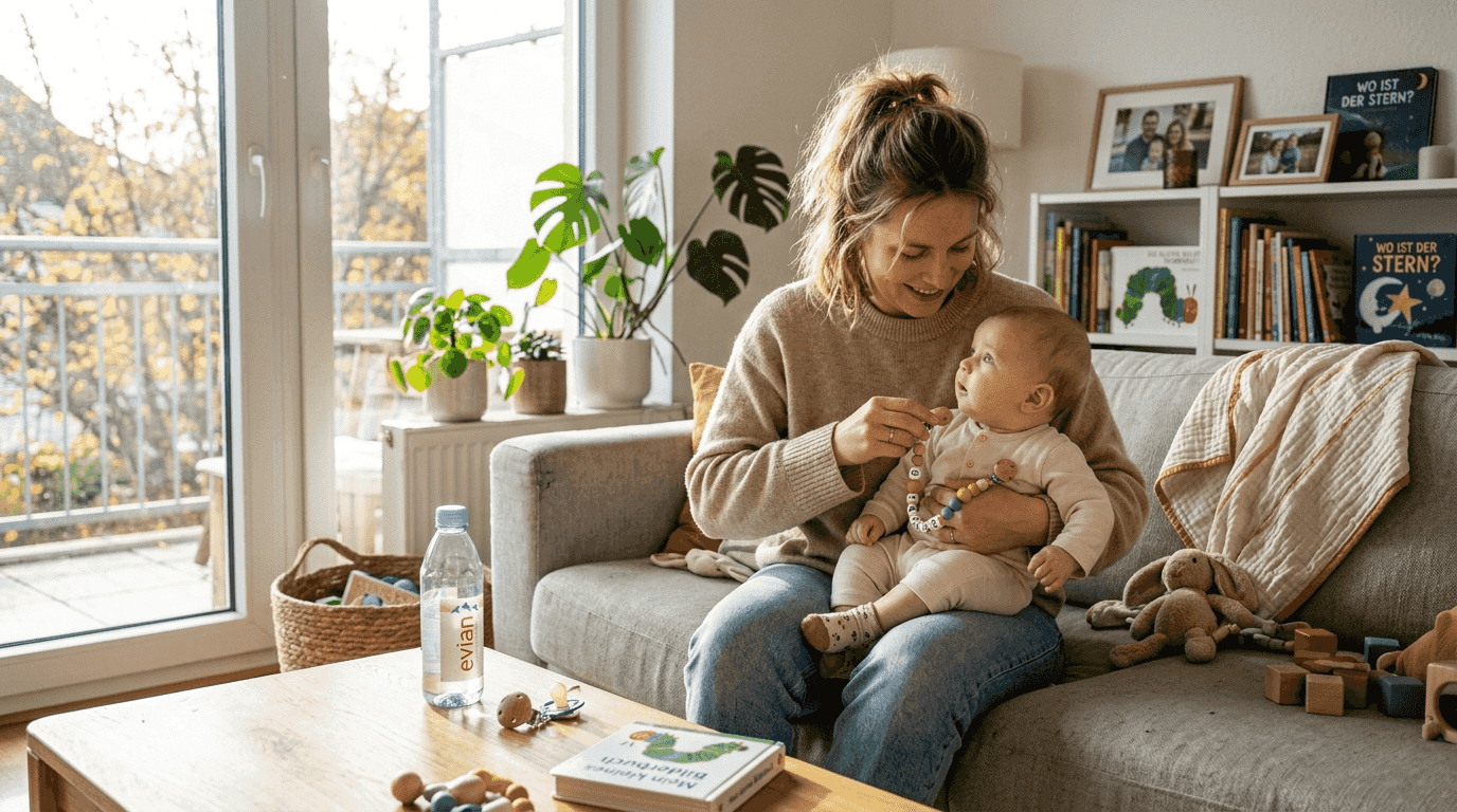 Eine Mutter befestigt die Schnullerkette am Schnuller, während sie gemütlich auf dem Sofa sitzt.