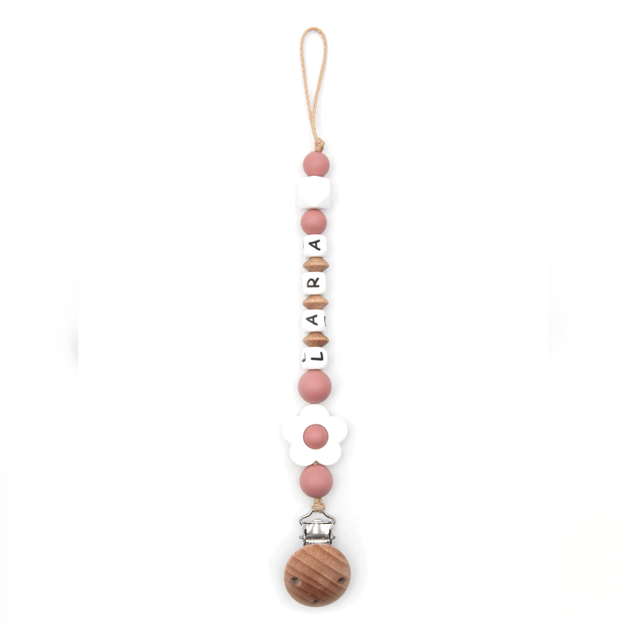 Schnullerkette mit Namen ||  Blossom Altrosa